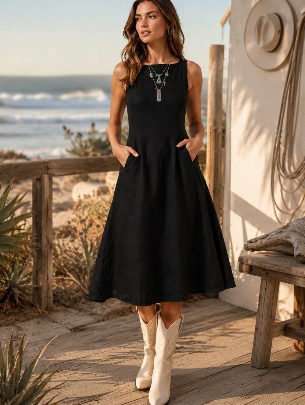 Michael Stars Palmira Fit & Flare Linen Blend Midi Dress Black